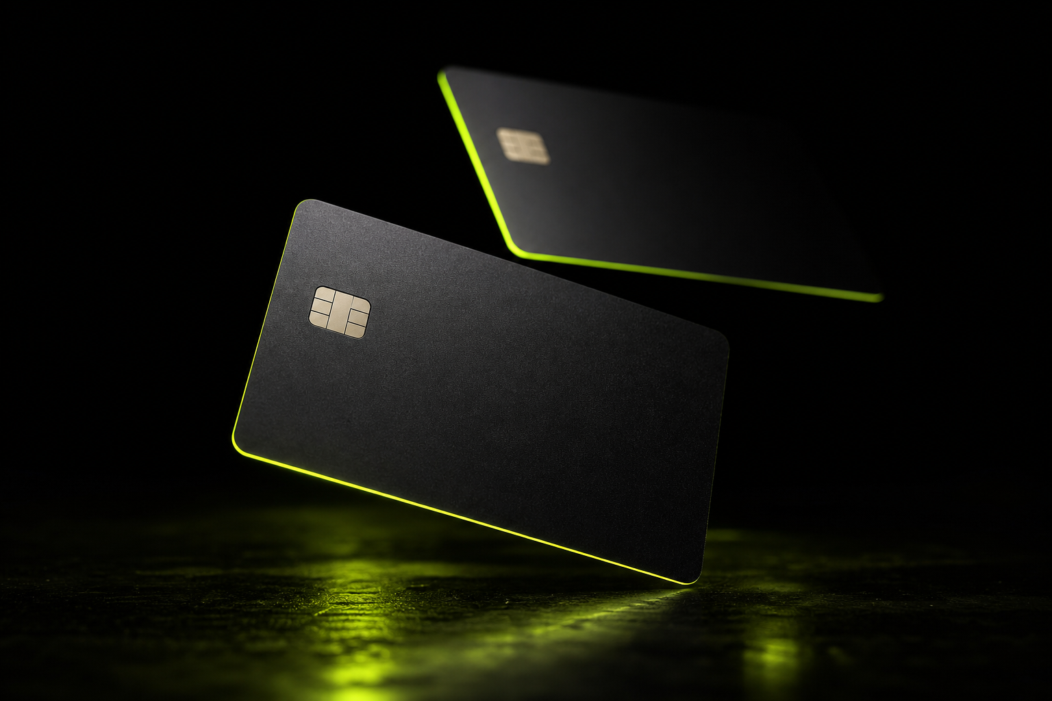 Two premium matte-black PayVeta cards floating with lime accent light