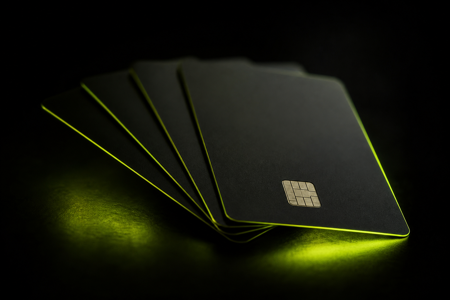 Premium matte-black payment cards on a dark surface with lime accent light