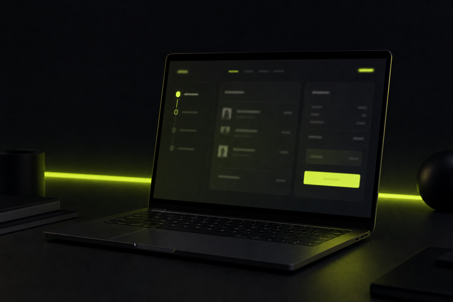 A laptop showing a minimalist checkout interface with lime accents
