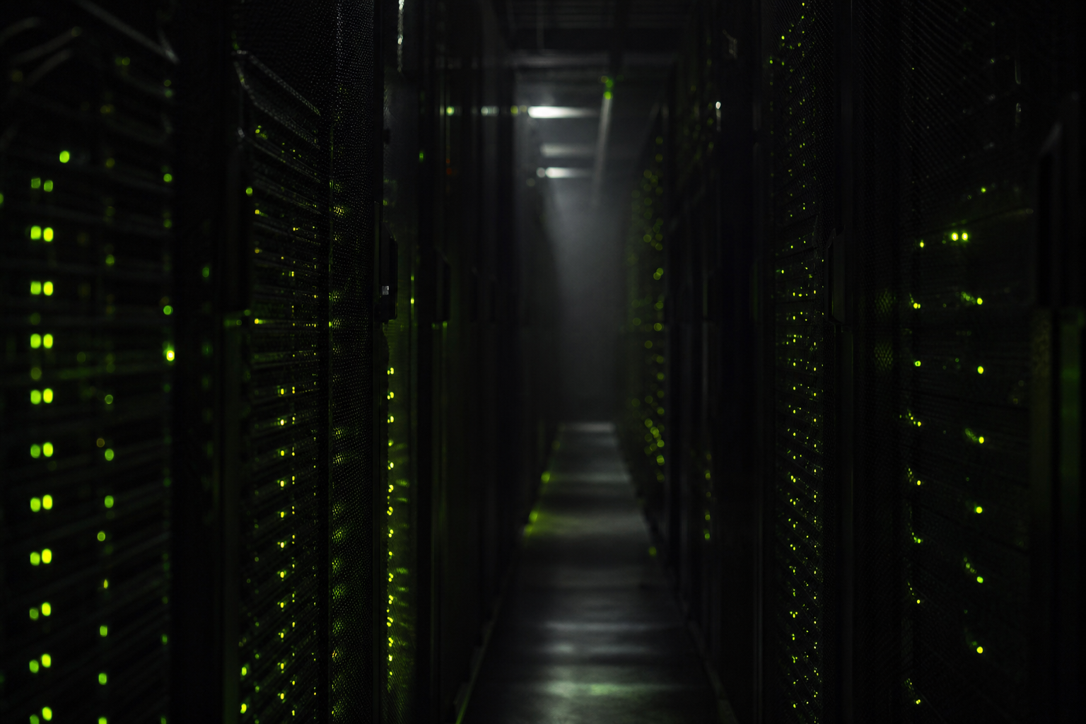 A dark data-center aisle with lime indicator lights receding into the distance
