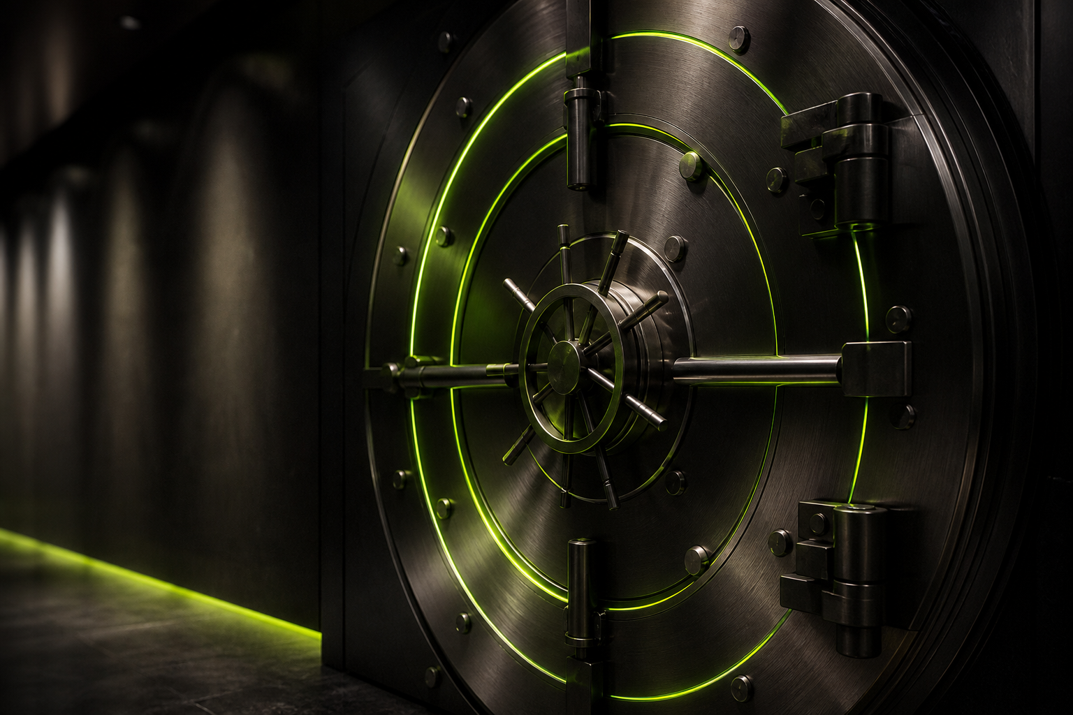 A secure vault door lit with lime accent light